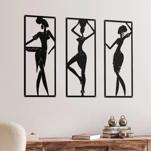 Therwen 3 piezas de decoración de pared de metal para mujeres afroamericanas, arte minimalista abstracto de metal para pared, silueta negra para