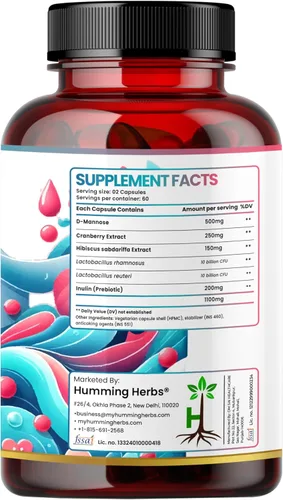 Miniatura 9 de Humming Herbs Complejo de D-manosa y arándano — con hibisco, prebiótico de inulina y probióticos (Lactobacillus rhamnosus & L. reuteri) — 120
