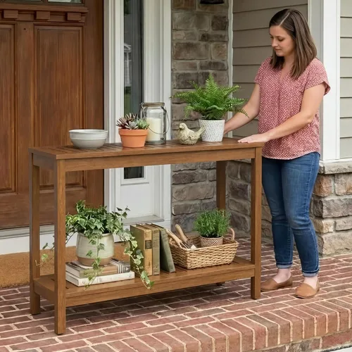 Miniatura 2 de DTY Outdoor Living Mesa consola de madera de eucalipto, dos estantes para exteriores, acabado marrón resistente a la intemperie