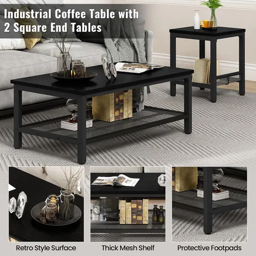 Miniatura 6 de Conjunto de 3 mesas de café AWQM, mesa de café industrial con 2 mesas auxiliares cuadradas, conjunto de mesas modernas para sala de estar con Negro