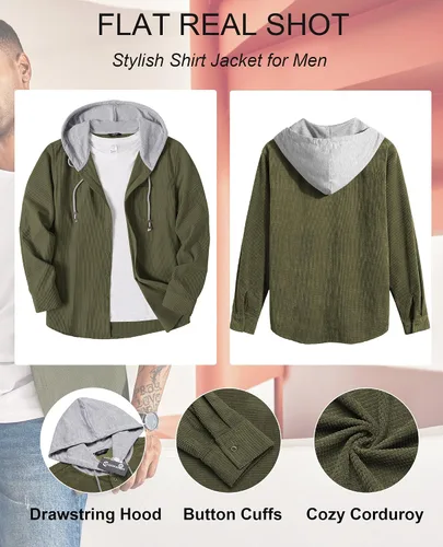 Miniatura 5 de COOFANDY Chaqueta de pana para hombre, manga larga, con botones, casual, elegante, con capucha, con bolsillo
