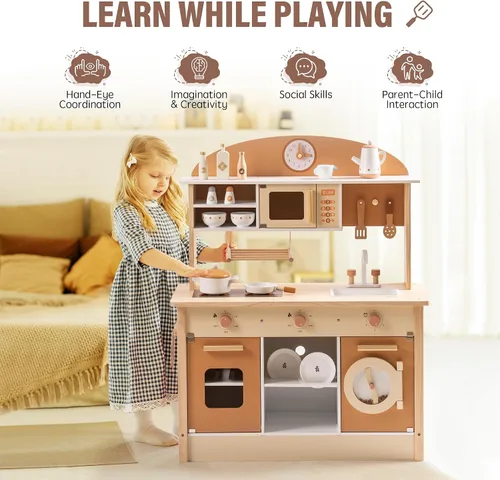 Miniatura 6 de ROBOTIME Juego de cocina de madera, juego de cocina para niños con diseño realista, juego de cocina para niños y niños pequeños con lavavajillas