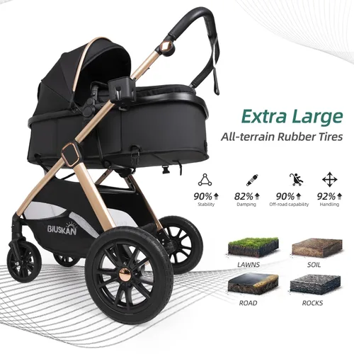 Miniatura 10 de Cochecito de bebé convertible 6 en 1 con moisés con silla de paseo - Silla de recién nacido plegable con saco, cubierta para lluvia, soporte