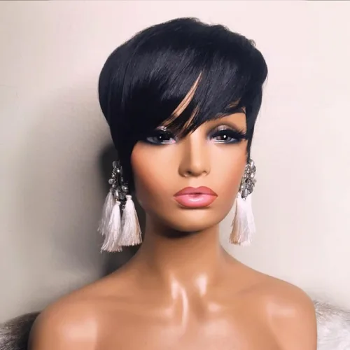 PangDongLai Pelucas de cabello humano con corte Pixie para mujeres negras, pelucas de corte Pixie en capas con flequillo, sin pegamento, cabello