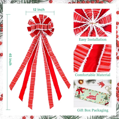 Miniatura 3 de Adorno de lazo grande para punta de árbol de Navidad y corona, lazo con cinta roja de arpillera y borde blanco de poliéster, para hogar, Acción