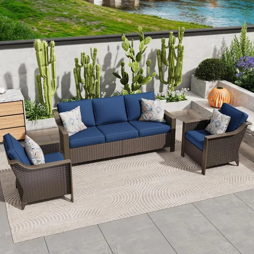 Miniatura 20 de Juego de 2 sillas giratorias de metal para patio, juego de muebles de conversación de mimbre, tapizados y mecedoras deslizantes de 360 grados, ratán