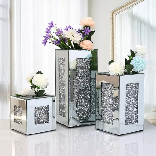 Miniatura 7 de Jarrón Espejado de Diamante Triturado 6x6x6 pulgadas de Cristal Plateado, Jarrón Decorativo Impresionante de Vidrio para Flores, Lujoso