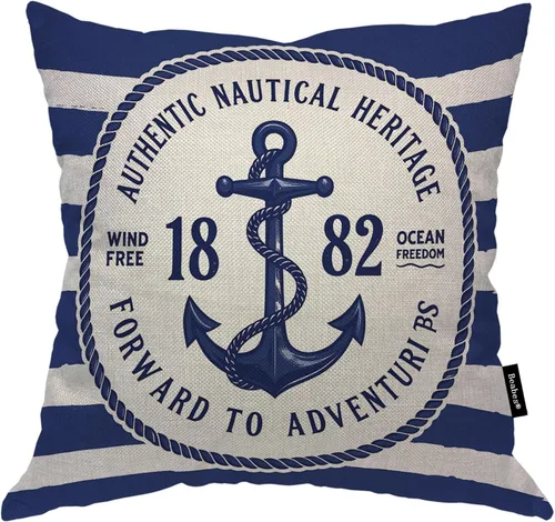 Funda para cojín Beabes de 18"X18" con ancla, diseño náutico azul y blanco a rayas, funda de almohada cuadrada de algodón y lino para el hogar, la