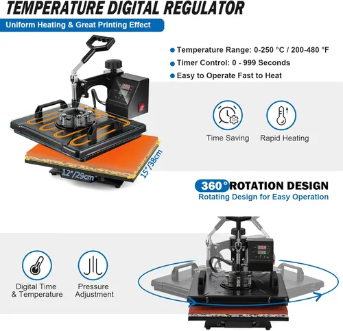 Miniatura 4 de TOPDEEP Máquina de prensa de calor 5 en 1, prensa de calor oscilante de 12 x 15 pulgadas para sublimación, máquina de prensado de camisetas