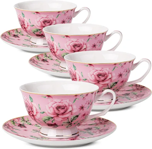 Miniatura 10 de BTaT - Juego de tazas de té y platillos florales, 8 onzas, juego de tazas de té de porcelana fina con ribete dorado para té de la tarde, bodas