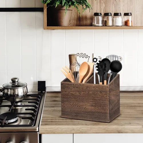 Miniatura 4 de Organizador de utensilios de cocina de madera con 2 compartimentos, soporte rústico para encimera de cocina, caja organizadora de utensilios