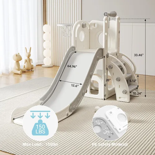 Miniatura 2 de Tobogán 6 en 1 para niños pequeños, parque infantil para interiores y exteriores, para niños de 1 a 3 años, tobogán para bebé con aro de baloncesto
