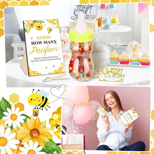 Miniatura 6 de Syhood 472 piezas de juegos de baby shower de abejas Adivina cuántos chupetes signo de juego 50 pequeños juegos de adivinanzas 20 lápices HB botella