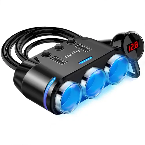 YANTU Adaptador y divisor de encendedor de cigarrillos con 150W, 3 tomas y iluminación ambiental LED, doble carga rápida USB, salida de coche de