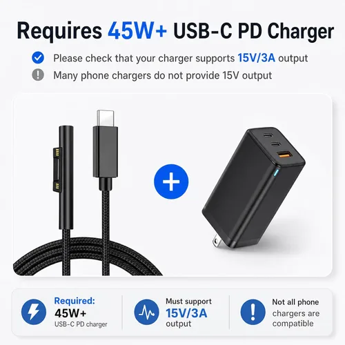 Miniatura 5 de Sisyphy Surface Connect to USB C Cable de carga trenzado de nailon de 6 pies, compatible con Microsoft Surface Pro 11/10/7/6/5/4/3 Go3/2/1