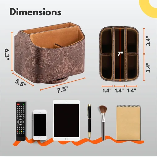 Miniatura 5 de LAMOTI Leather 360 Spinning TV Remote Caddy - Organizador de escritorio de 5 compartimentos para controles remotos universales, teléfonos, tabletas