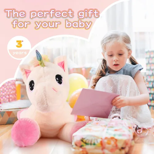 Miniatura 2 de Tezituor Juguetes de unicornio de peluche de 32 pulgadas, animales de unicornio gigante beige de peluche, encantadoras decoraciones de peluche