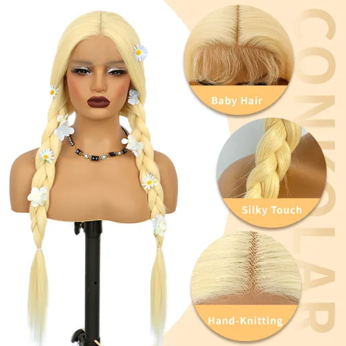 Miniatura 3 de Peluca rubia sintética con encaje frontal, predepilada 613, peluca de cabello largo para mujer, peluca sedosa y recta con parte media sin pegamento