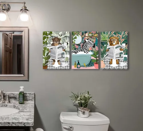 Miniatura 7 de 3 piezas de lienzo de animales de la selva para baño, arte de pared de cebra en la bañera, imágenes de mono león en el inodoro, lectura
