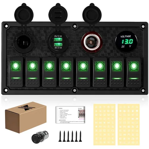 Miniatura 25 de Panel de Interruptores de Palanca Impermeable de 8 Posiciones con Cargador USB Dual y Voltímetro - Protección contra Sobrecarga para RV, Marina