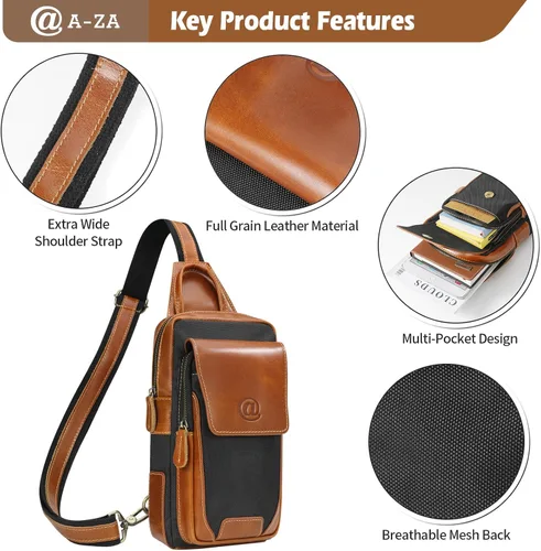 Miniatura 4 de Bolso bandolera de cuero genuino para hombre, mochila cruzada de cuero de grano completo para hombre, riñoneras, bolsa de pecho