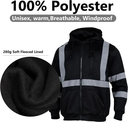 Miniatura 4 de VENDACE Alta visibilidad ANSI Clase 3 Reflectante de Seguridad Fleece Sudadera con capucha para hombres Hi Vis Sudaderas Chaqueta con cremallera