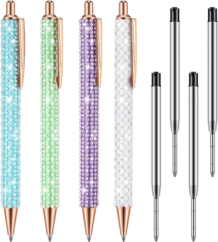 Miniatura 12 de Ireer 4 bolígrafos brillantes de diamantes de imitación para mujer, bolígrafo de tinta de metal con purpurina de cristal con 4 recambios de 0.039