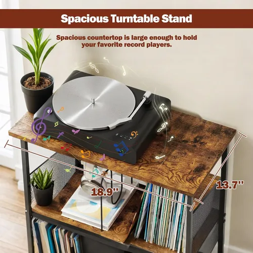 Miniatura 6 de Soporte para tocadiscos, soporte para discos de vinilo de 3 niveles, soporte giratorio con 2 separadores y 4 pies ajustables, mesa para tocadiscos