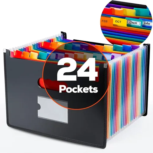 Organizador de archivos de acordeón ultra grande con pestañas y calcomanías, tamaño legal/carta/A4, 24 bolsillos, carpeta de archivos expandible,