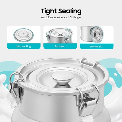 Miniatura 4 de Lata de leche de acero inoxidable de 5 litros y 1.32 galones, cubo de leche para vino, cubo de leche, jarra de leche con tapa sellada, resistente