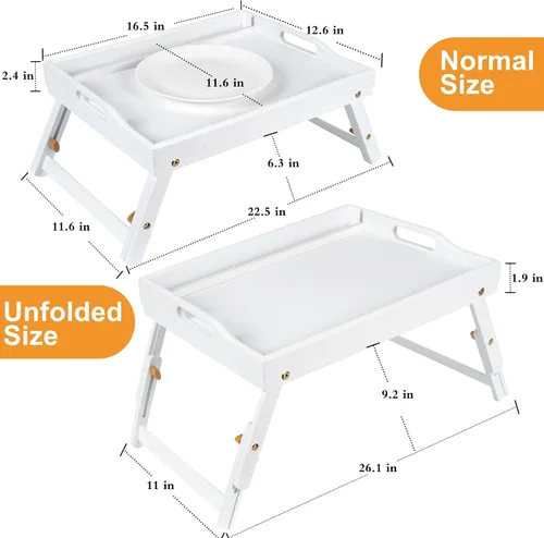 Miniatura 5 de Greenual Paquete de 2 Bandejas de Cama con Asas y Patas Plegables, Bandeja de Bambú para Desayuno con Ranura para Medios, Usar como Bandeja, Blanco
