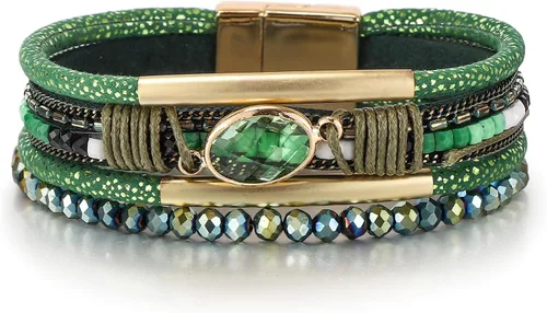 Miniatura 22 de Edoneery - Pulsera envolvente de cuero para mujer, brazalete de puño de múltiples capas hecho a mano estilo bohemio con cuentas de cristal