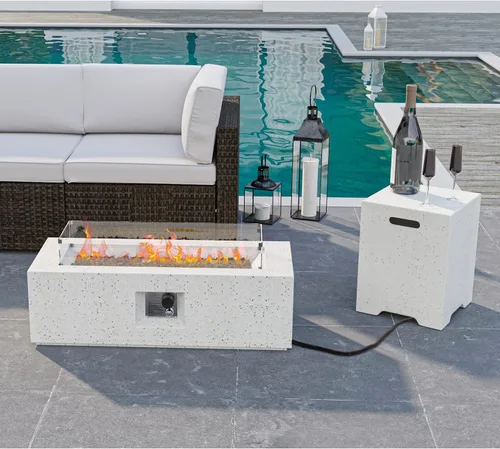 Miniatura 12 de HOMPUS Fogata de propano para exteriores, 40,000 BTU de 28 pulgadas, mesa redonda de hormigón de terrazo blanco con rocas de lava y cubierta