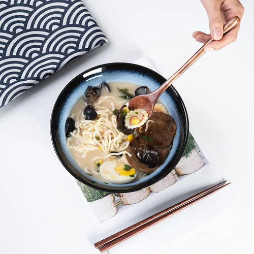 Miniatura 6 de Juego de cuencos de cerámica japoneses para ramen, 2 juegos de cuencos asiáticos para fideos para sopa Pho Udon con cucharas y palillos