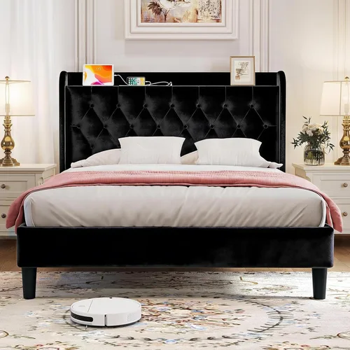 Miniatura 12 de koorlian - Marco de cama tamaño Queen con cabecero, plataforma tapizada ajustable con puertos tipo C y USB, cabecero abatible con almacenamiento