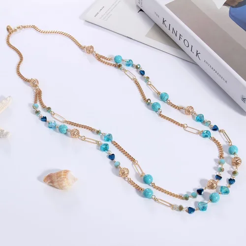 Miniatura 5 de Bocar Collar de cuentas, collar de cadena de eslabones largos de 2 capas, cuentas de cristal para mujer, gargantilla, regalo de joyería