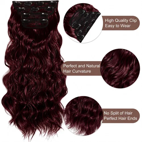 Miniatura 2 de Burgundy Clip in Hair Extensions, 4 PCS Natural Soft Long Wavy Clip on Synthetic Hair Hairpieces Curly 20Inch Curly Thick Hair 11 Clips