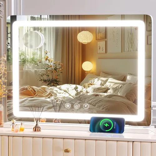 Miniatura 18 de Gvnkvn Espejo de tocador de maquillaje con puerto de carga USB de 19 pulgadas de largo x 24 pulgadas de ancho, espejo de maquillaje LED, espejo