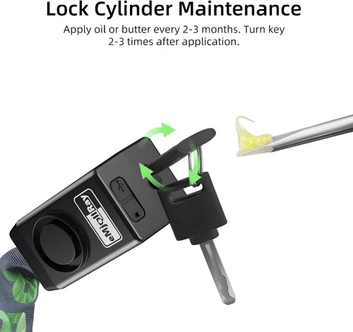 Miniatura 6 de Candado de cadena para bicicleta con alarma E Scooter Lock alarma antirrobo 110dB 4ft seguridad resistente con cable USB C y 3 llaves para Verde