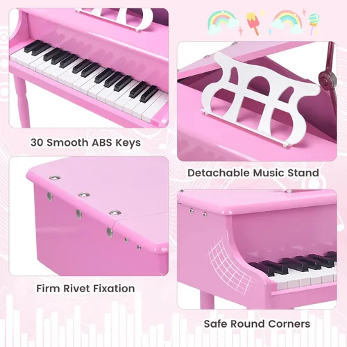 Miniatura 2 de Costzon Piano clásico para niños, piano de cola de madera de 30 teclas con soporte de música y banco, mini juguete musical para niños, ideal