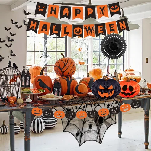 Miniatura 3 de Kit de decoración de fiesta de Halloween para interiores con bolas de papel de panal y abanicos, bufanda de mantel de chimenea, camino de mesa