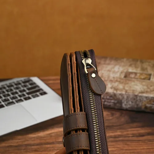 Miniatura 26 de Genuino Caballo Loco Cuero Regalo de Viaje Moneda Bolsillo Tarjetero Organizador Largo Cadena Rfid Cartera Monedero Con Broche Para Hombres Hombres