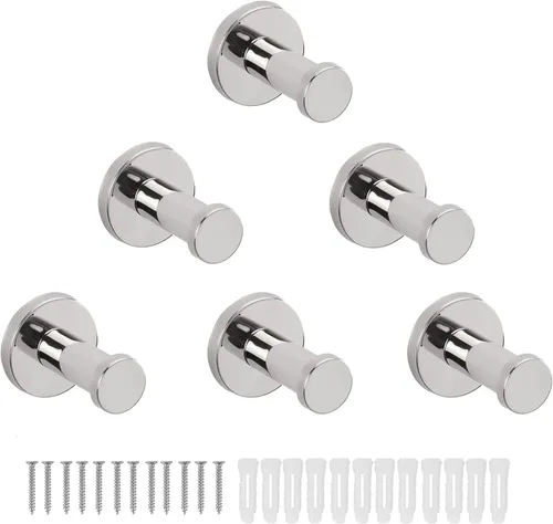 Ganchos para toallas de baño, paquete de 6 ganchos redondos para abrigos, gancho resistente para bata montado en la pared, colgador de ropa Cromo