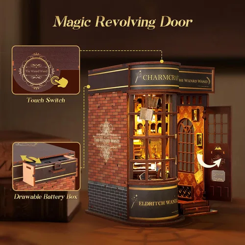 Miniatura 5 de FUNPOLA Kit de varita mágica de rompecabezas de madera 3D para rincón de libros - Juego de manualidades para estantería en miniatura con luz LED