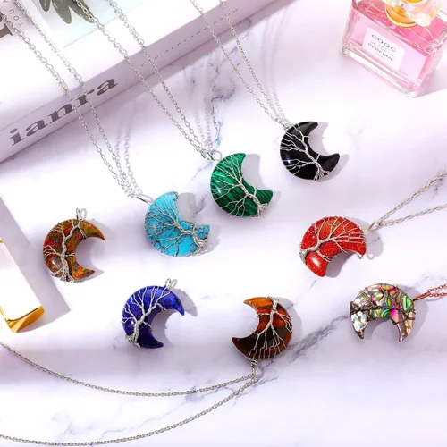 Miniatura 6 de Sherr 15 collares de luna creciente de árbol de la vida, collares de cristal curativo, envoltura de alambre, piedras preciosas naturales, colgante