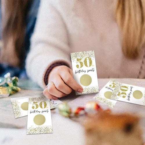 Miniatura 7 de REWIDPARTY Tarjetas de juego para rascar para fiesta de cumpleaños número 50 de oro blanco (32 unidades) tarjetas de rascar para fiesta de 115B