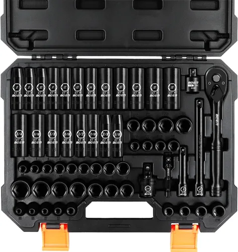 BOEN Juego de llaves de impacto de 3/8 pulgadas, 59 piezas SAE estándar (5/16 a 3/4 pulgadas) y métricas (0.236-0.866 in), incluye 9 piezas E-Torx