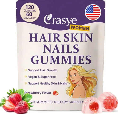 Gomitas para el cabello, piel y uñas, multivitamínico para el crecimiento del cabello, con colágeno y queratina para mujeres, sabor a fresa sin