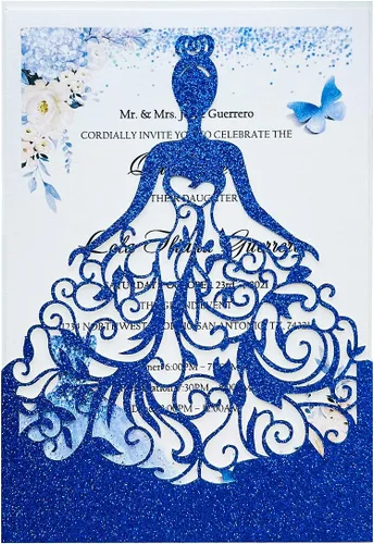 Miniatura 12 de 5.12 x 7.28 pulgadas, kit de 50 invitaciones de quinceañera con purpurina morada, cortadas con láser, huecas, de niña princesa, invitaciones