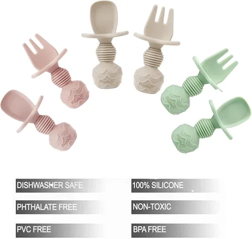 Miniatura 3 de PandaEar Juego de 6 cucharas y tenedor de silicona para bebés, diseño antiahogo, primeros utensilios de autoalimentación para bebés a partir de 3